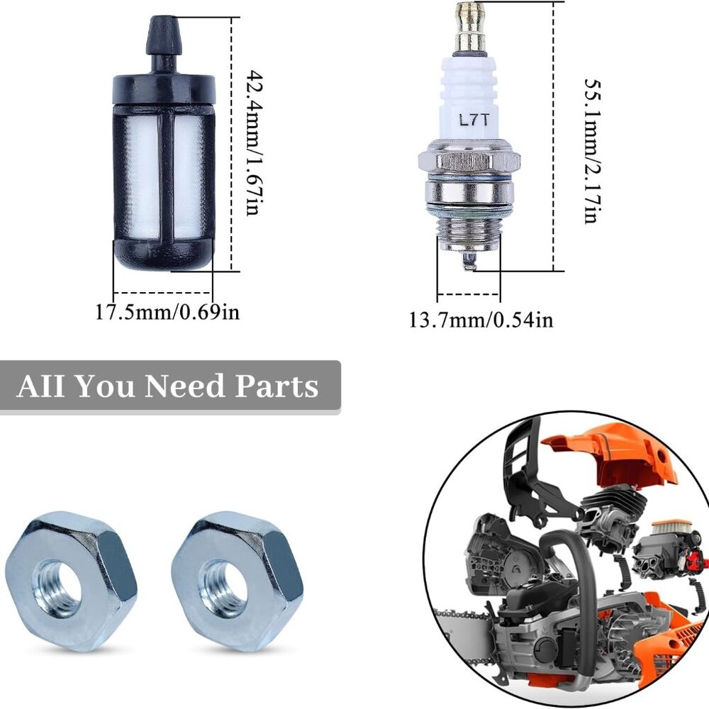 L7T Spark Plug Fuel Filter w/ 2pc Bar Nuts Chainsaw Replacement Part